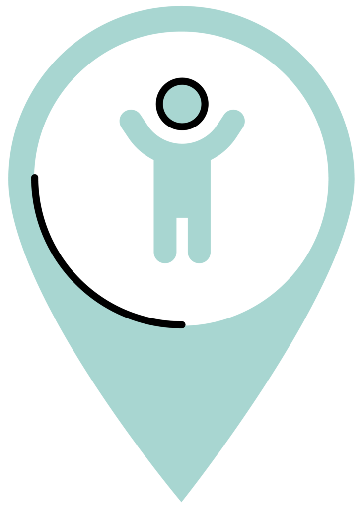 Map pin with an icon of a young child holding their arms in the air