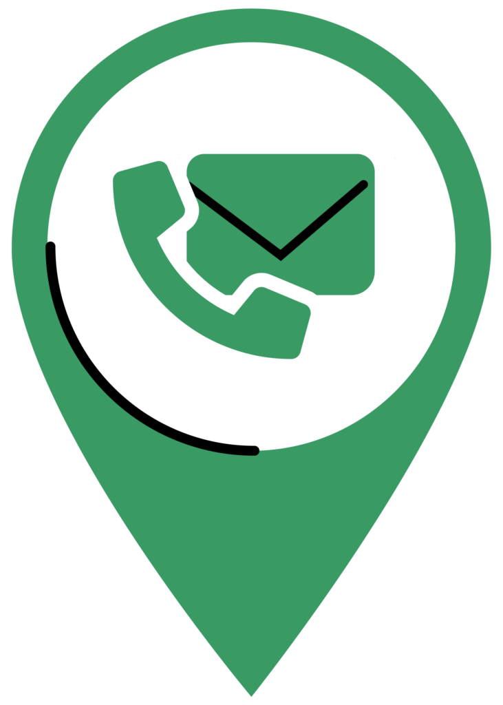 Map pin with an icon of a telephone and an envelope