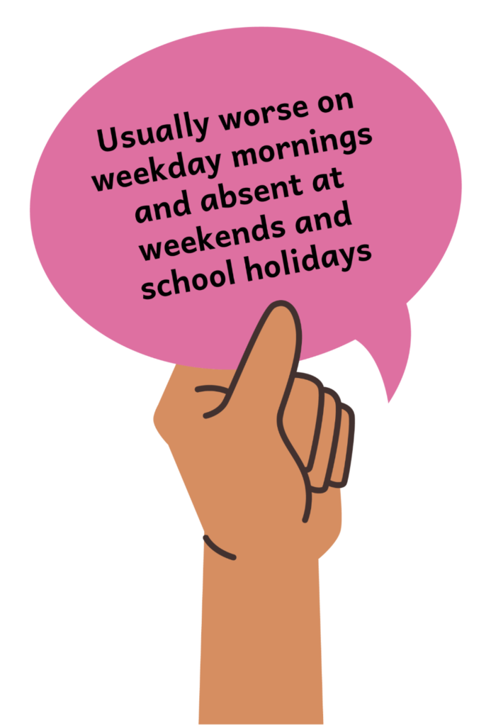 Hands holding a speech bubble that reads "Usually worse on weekday mornings and absent at weekends and school holidays"