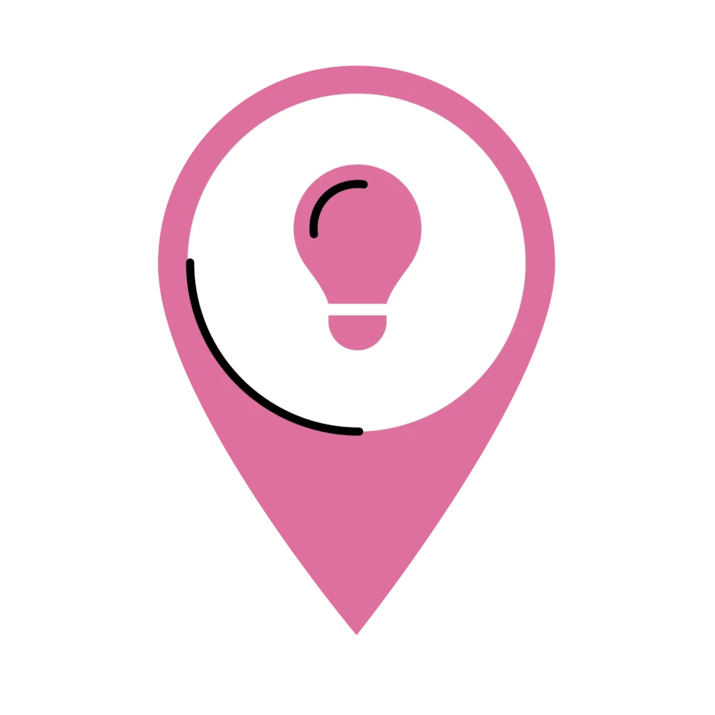 Map pin with an icon of a light bulb